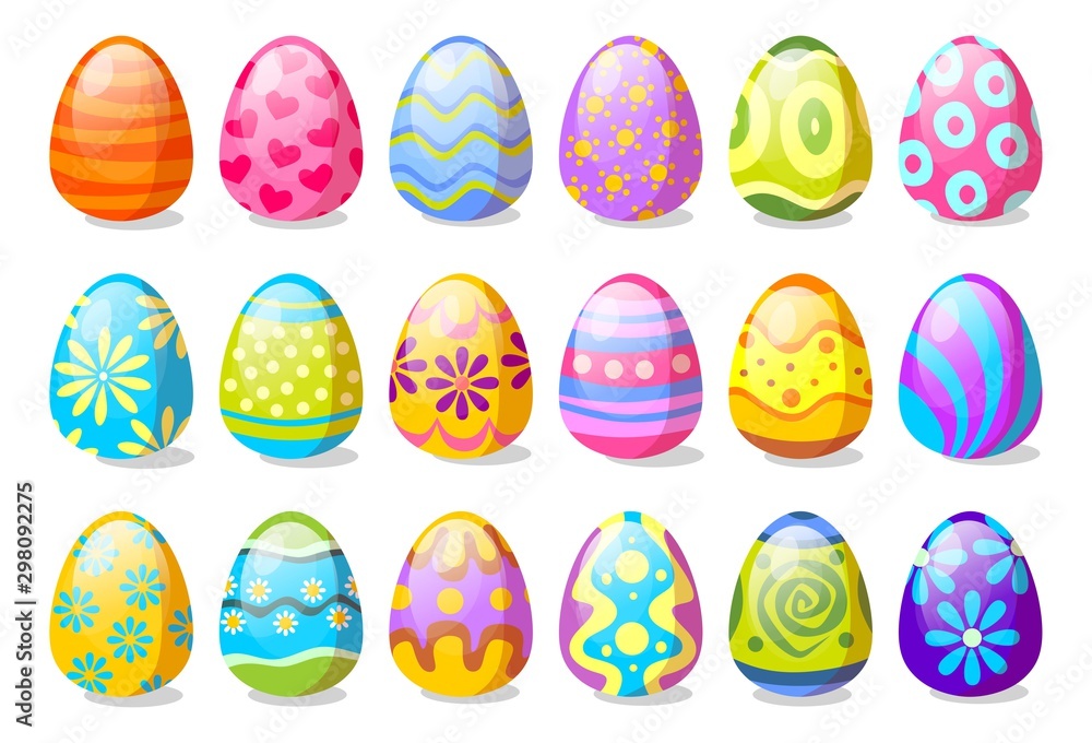 Festive decorated Easter eggs collection vector illustration. Set consists of festive egg with different colorful design. Happy Easter concept. Isolated on white