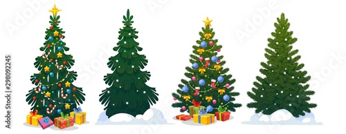 Festive Christmas trees in cartoon style set vector illustration. Decorated green fir-trees and pines with snowy branches and gift boxes, Xmas star, balls, candies and lights. Happy New Year concept