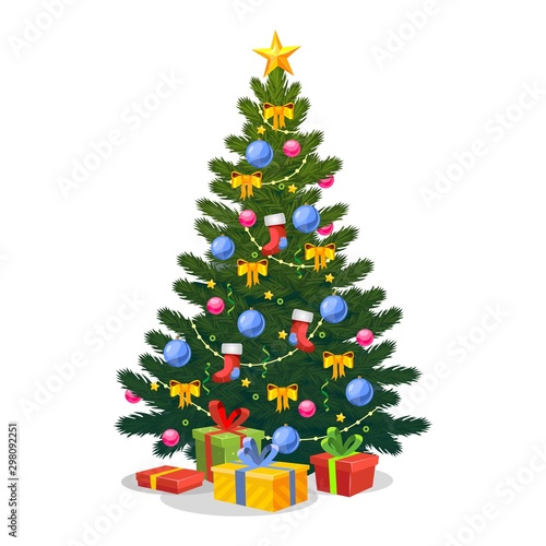 Christmas tree with Xmas star, balls and lights vector illustration. Cartoon green pine with candies, stocking, garland and gift boxes. Happy New year concept. Isolated on white