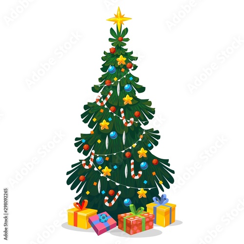 Decorated Christmas tree in cartoon style vector illustration. Festive green fir-tree with New Year balls, Xms star, lights, snowflake and gift boxes. Winter holidays celebration design