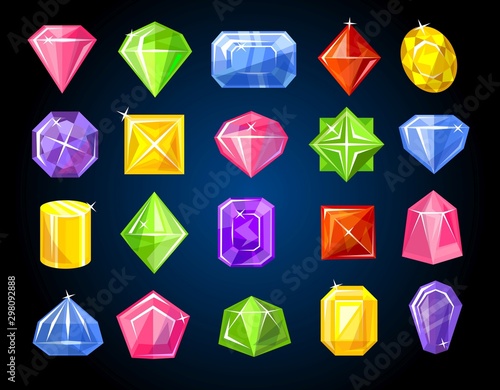 Diamond and sapphire gemstones colorful set on dark background vector illustration. Shiny game rock in different color. Web board decorated by group of glassy minerals