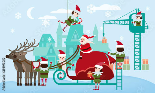 Santa Claus on a sleigh with deers and a huge bag of gifts. Elves helpers collect gifts