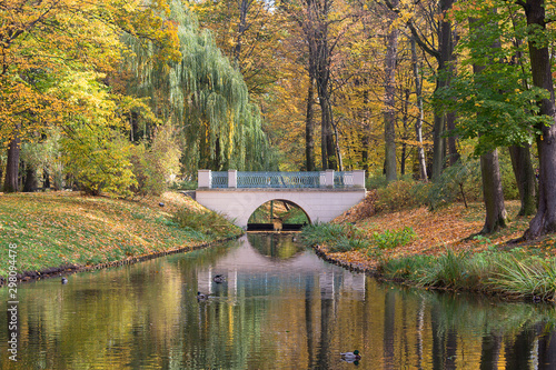 Picturesque and charming garden park in autumn colors, Royal Baths Park, Lazienki Warszawskie, Warsaw, Poland