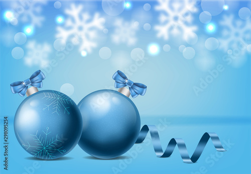 Blue baubles with ribbon and christmas ornaments drawings. Snowflakes and whi...