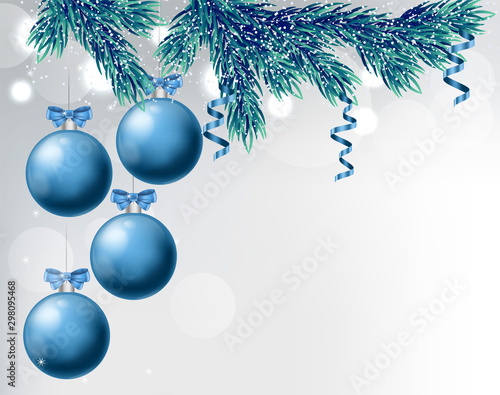 Blue baubles with ribbon and christmas ornaments drawings. Pine tree colorful leaves covered in snow. White bokeh background. Christmas vector