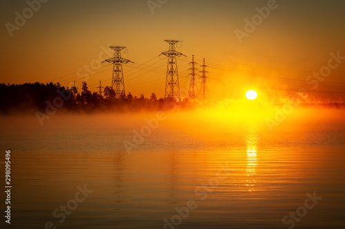 industrial dawn on Reftinskoye reservoir, Russia, Ural