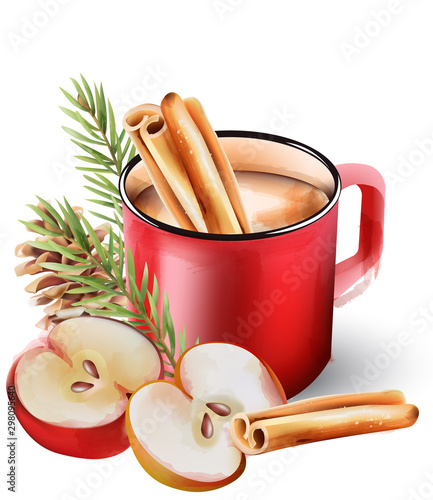 Watercolor hot chocolate drink in red cup with cinnamon sticks, conifer cone, fir tree leaves and half apple. Christmas Vector