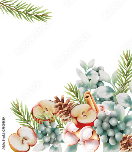 Christmas greeting card with flowers, pine tree leaves, conifer cone, half ap...
