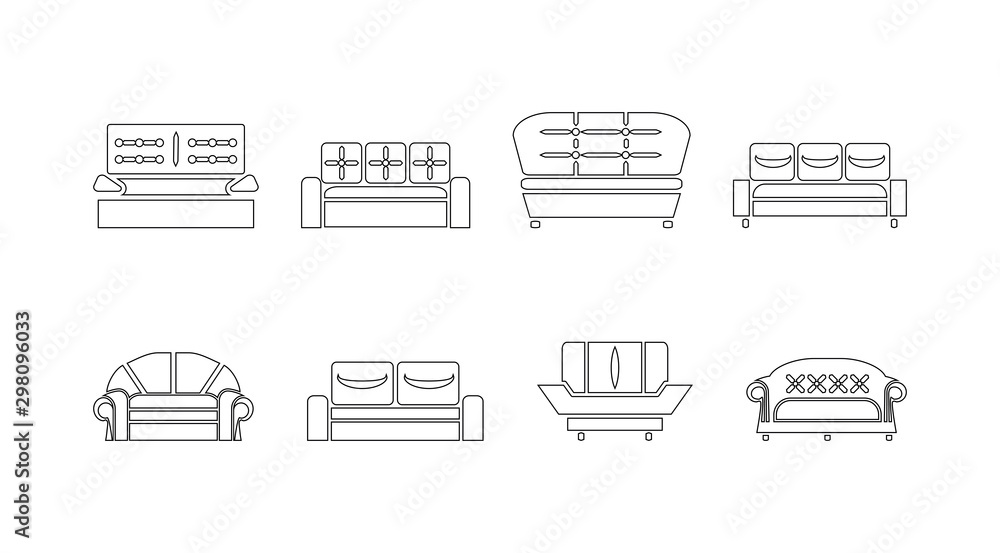 Sofas icon set. Vector 10 EPS. Isolated silhouette black and white contour illustration. Sofas icon set. Vector 10 EPS. Isolated silhouette black and white contour illustration.