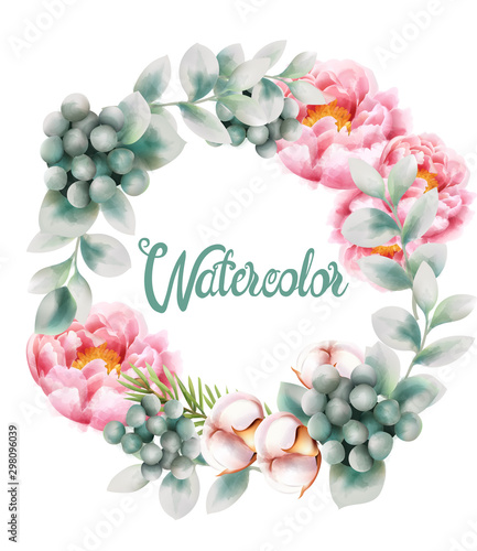 Watercolor greeting card wreath with cotton, peony flowers, pine tree leaves ...
