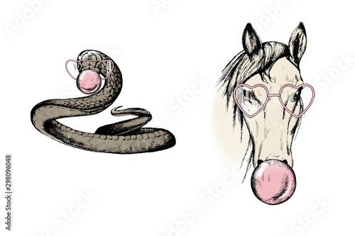 Horse and snake in pink hearts- glasses with bubble- gum. Modern romantic clip art set