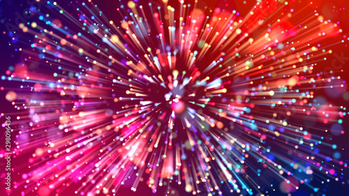 Abstract explosion of multicolored shiny particles or light rays like laser show. 3d render abstract beautiful background with light rays colorful glowing particles, depth of field, bokeh.