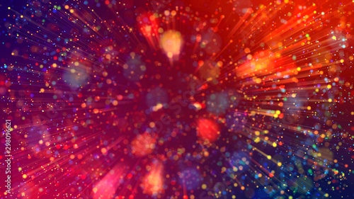 Abstract explosion of multicolored shiny particles or light rays like laser show. 3d render abstract beautiful background with light rays colorful glowing particles  depth of field  bokeh.