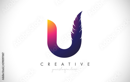 U Feather Letter Logo Icon Design With Feather Feathers Creative Look Vector Illustration