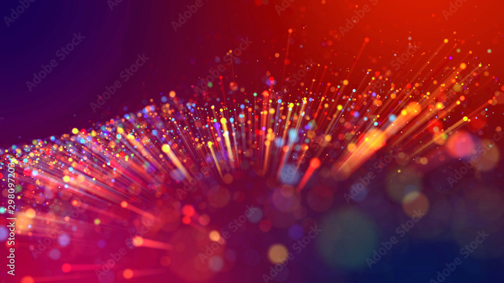 Abstract explosion of multicolored shiny particles or light rays like laser show. 3d render abstract beautiful background with light rays colorful glowing particles, depth of field, bokeh. - obrazy, fototapety, plakaty 