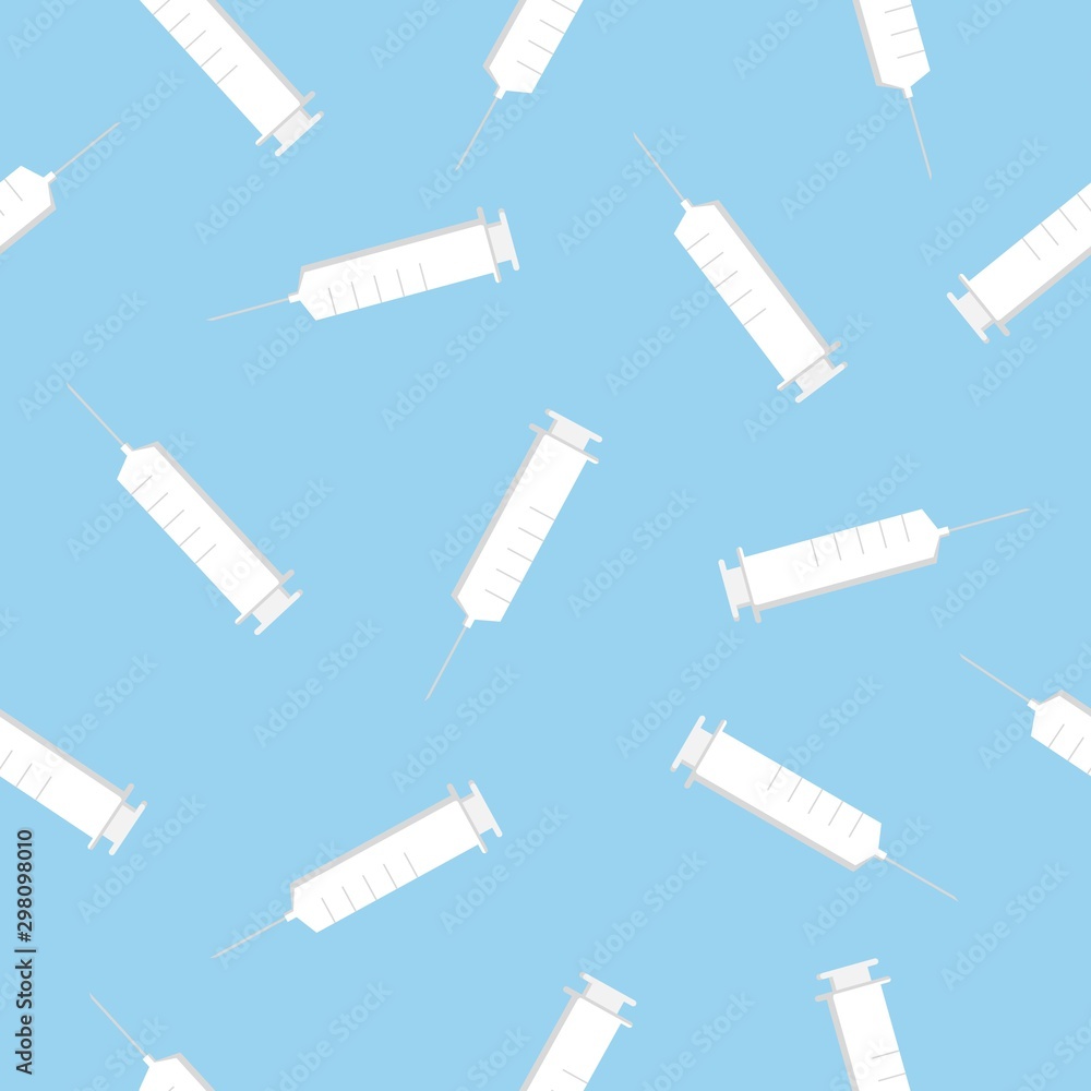 Syringe icon isolated seamless pattern on blue background. Syringe for vaccine, vaccination, injection, flu shot. Medical equipment.