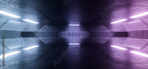 Laser Glowing Neon Retro Purple Blue Sci Fi Futuristic Alien Spaceship Concrete Cement Tunnel Corridor Garage Hall Stage Show Night Dark Empty Background 3D Rendering