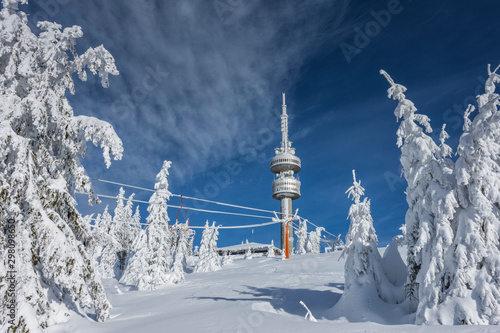 Snejanka TV tower and frozen covered with snow pine trees in ski resort Pamporovo in sunny day.  Sports and recreation concept. Selective focus. Close view.