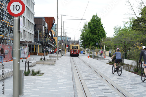 6th October 2019,Christchurch,New Zealand.Tram in the middle of Christchurch city.Public transportation. photo