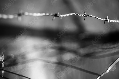 Closeup of shiny strained metal barbed wire on blurred background in black and white photo