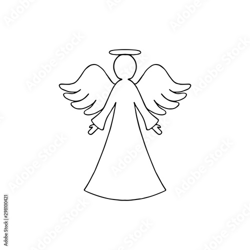 Vector illustration of black angel outline with wings on white background