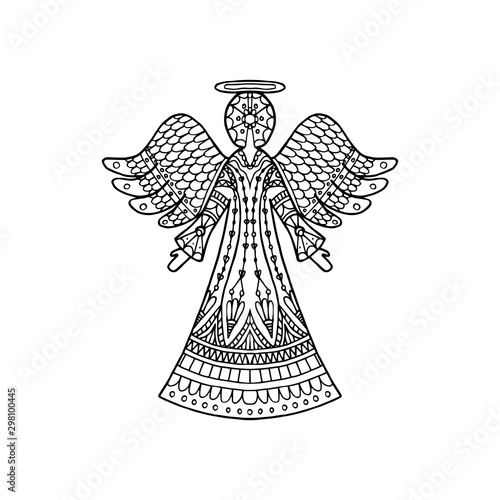 Vector illustration of patterned angel silhouette. Christmas coloring page book