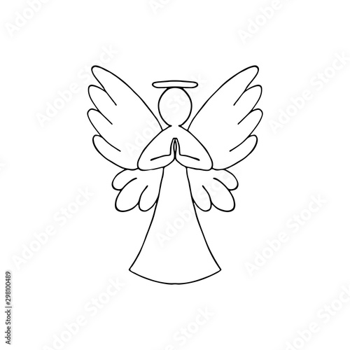 Vector illustration of black angel outline with wings on white background