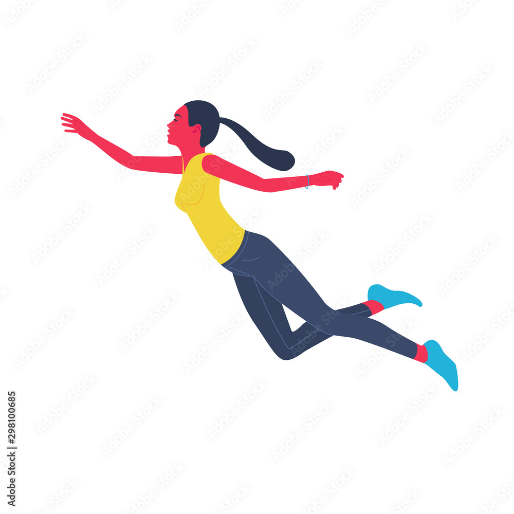 Beautiful slender girl in flight or jump on a white background. Vector illustration.