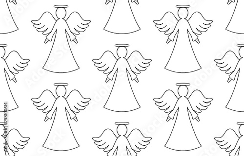 Vector seamless pattern of black contour of angels on white background