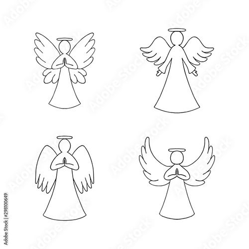 Vector set of four angels outline on white background. Religion decorative elements for New year, Christmas card