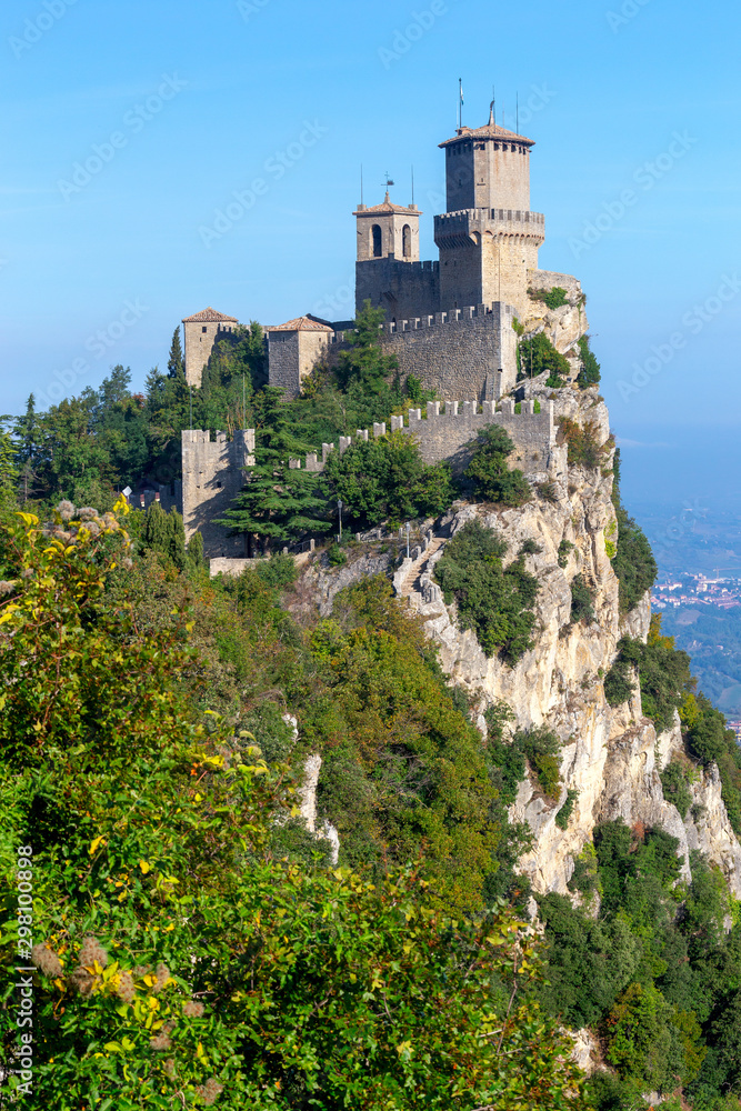 San Marino. Ancient stone fortifications and towers on top of the mountain.