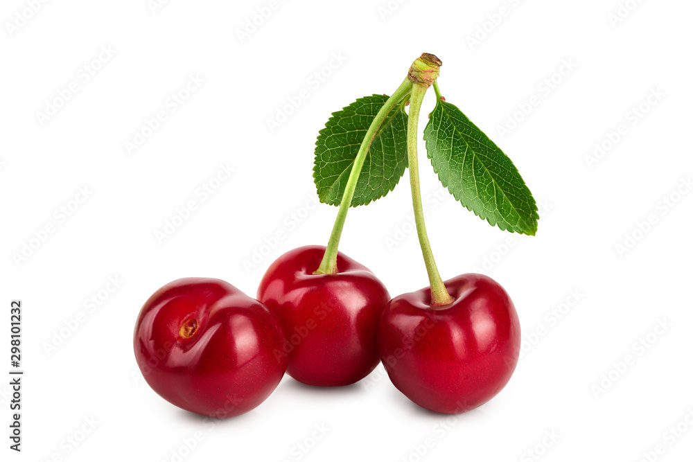Three cherries with leaf closeup isolated on white background Three cherries with leaf closeup isolated on white background