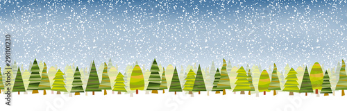 firs with blue snow fall background