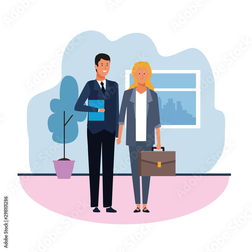 young businessman and woman in the office, colorful design