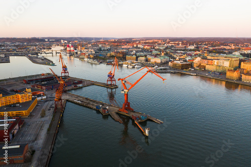 aerial view of cranes in Gothenburg, Sweden