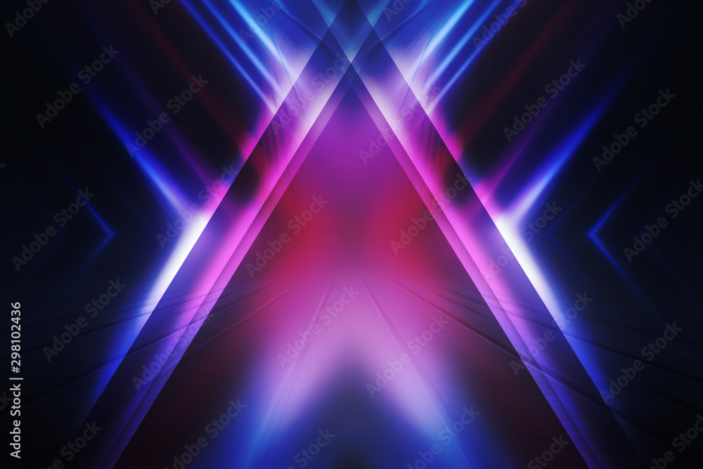 Empty background scene. Dark street reflection on wet asphalt. Rays of neon light in the dark, neon shapes, smoke. Background of an empty stage show. Abstract dark background.