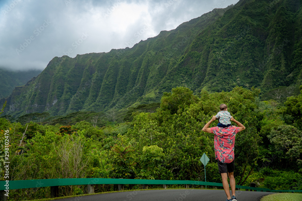 Naklejka premium Father and Son Ho’omaluhia Botanical Garden, Hawaii Oahu 