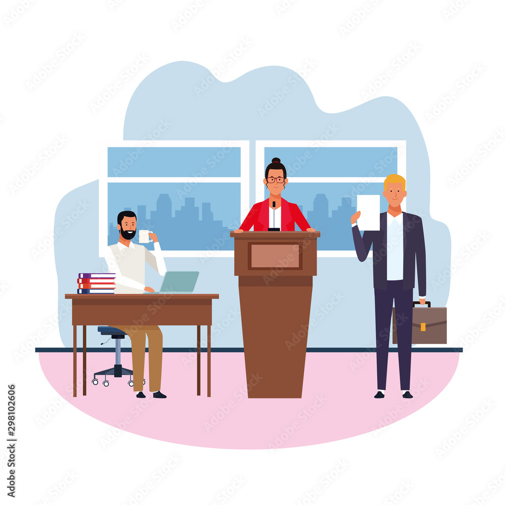 cartoon businesswoman at conference podium, colorful design cartoon businesswoman at conference podium, colorful design