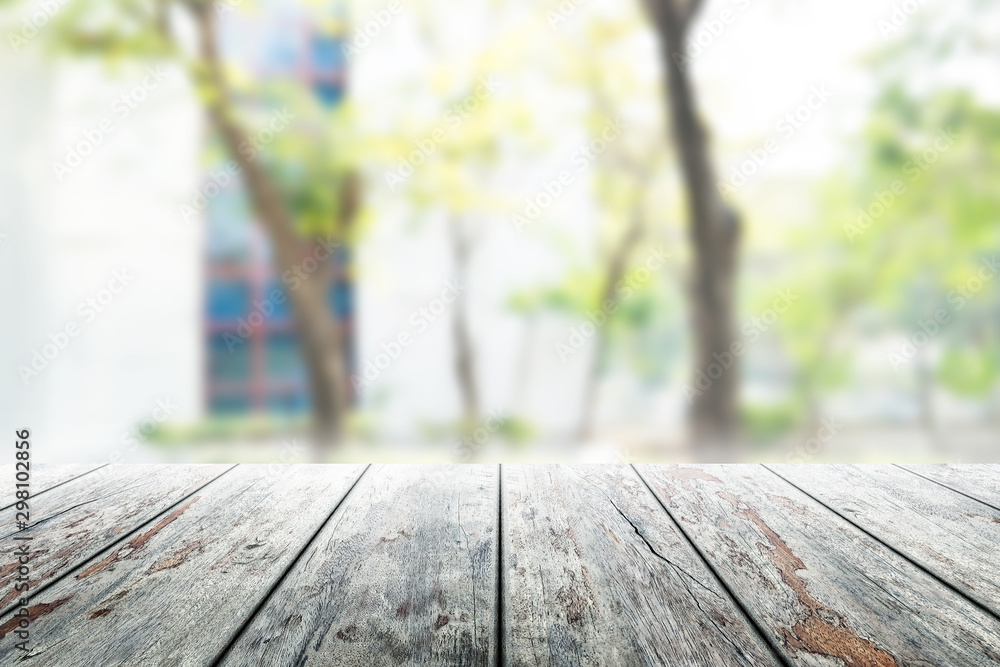 Fototapeta premium Wood flooring with glass office. atmosphere around office blur background with bokeh.