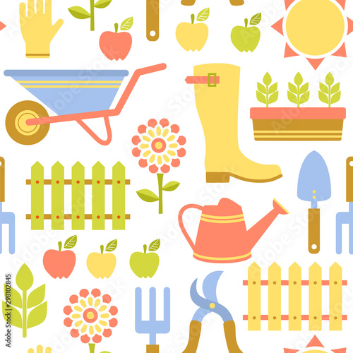 Colorful agriculture and gardening background. Garden market seamless pattern. Organic agriculture and food background