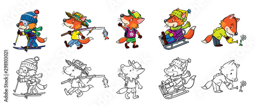 Funny fox holiday coloring book set. Leisure