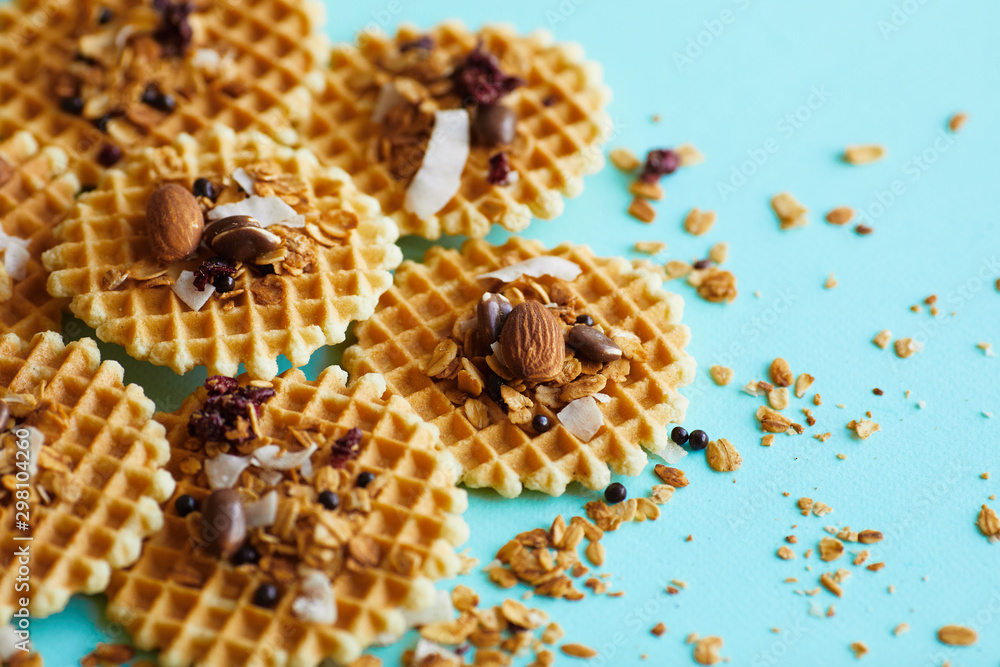 Traditional belgian waffles with nuts mix, oatmeal and almonds. Haealthy food Traditional belgian waffles with nuts mix, oatmeal and almonds. Haealthy food