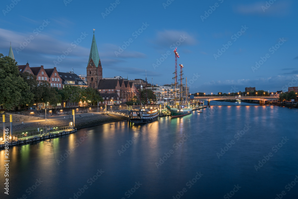Bremen Cityscape on the Weser River after the sunset, Germany