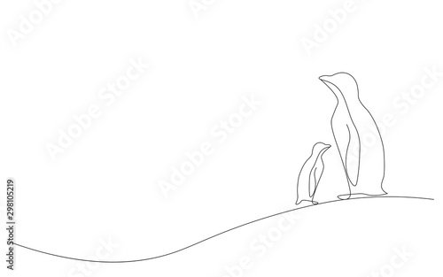 Penguin arctica landscape line draw, vector illustration