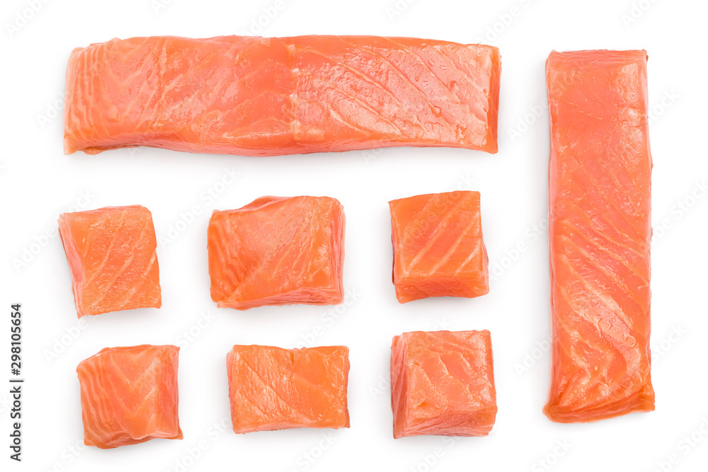 Slice of red fish salmon isolated on white background. Top view. Flat lay Slice of red fish salmon isolated on white background. Top view. Flat lay