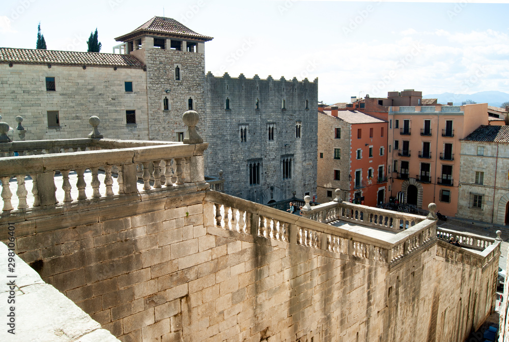 Historic Girona. An elegant medieval city in Spain. A view of the steps leading up to the imposing cathedral.  