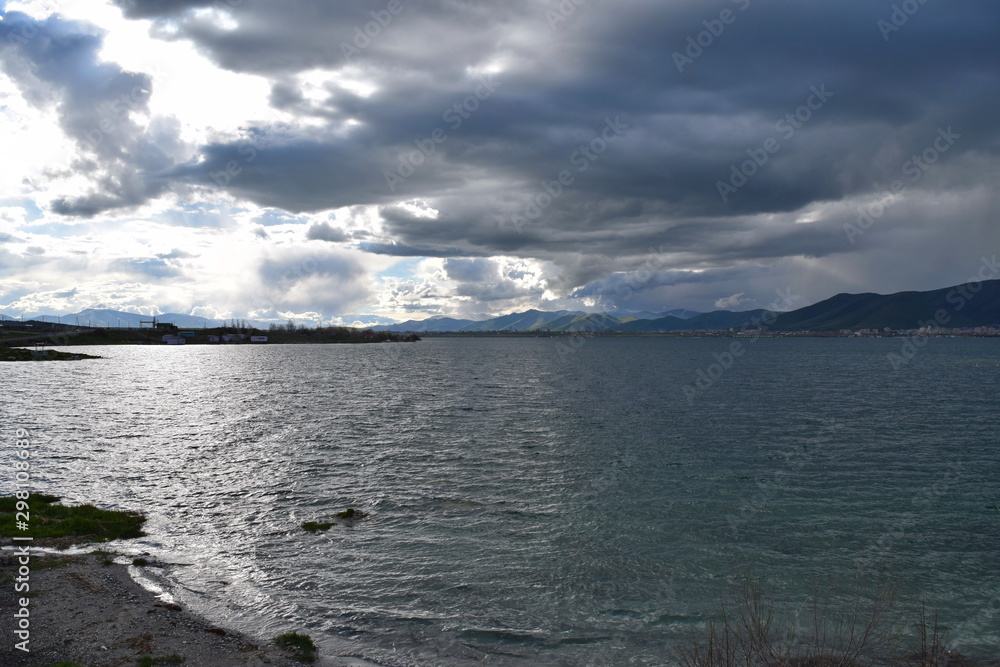 Dark clouds over the lake Sevan, Armenia
