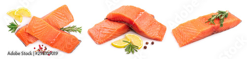 fillet of red fish salmon with lemon and rosemary isolated on white background. Top view. Flat lay. Set or collection