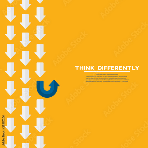 Think differently concept. Blue arrow changing direction. New idea, change, trend, courage, creative solution, innovation and unique way concept