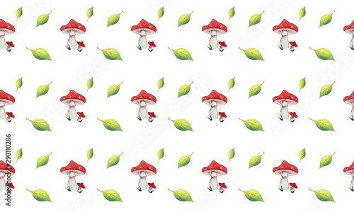 Seamless pattern watercolor Fly agaric and leaves on white background.